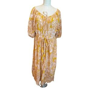 Anthropologie Dress Womens  Large Gold Ember Eyelet Kaftan Floral Cover‎ Up